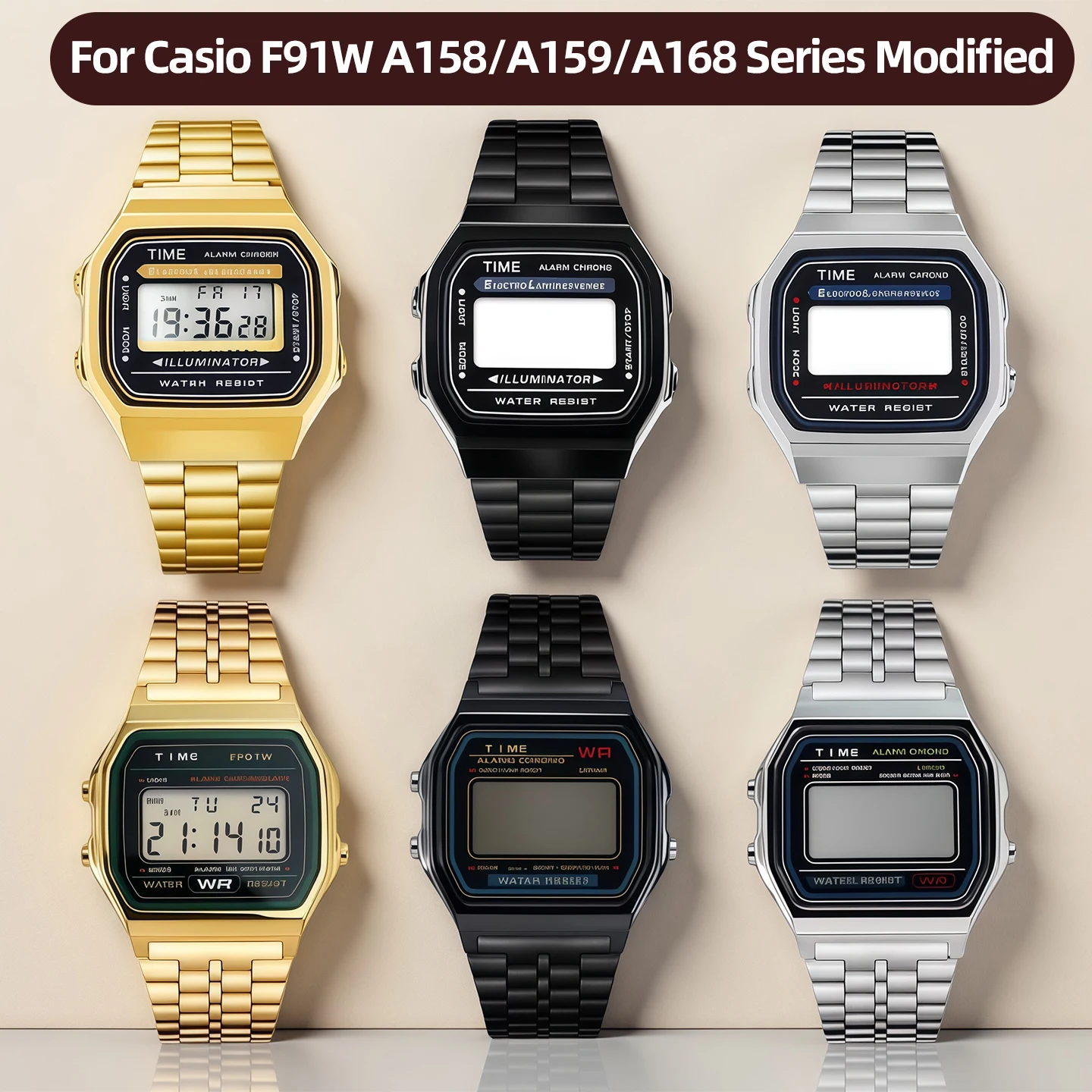 

Case mod kit Stainless steel metal Bezel watch Case+Strap For Casio F91W A158/A159/A168 Series Modified Suit watchband+Tool