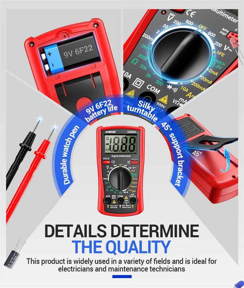 ANENG DM850 Multimeter-Tester 1999 Zähler AC DC 600V DC10A Ohm Dioden-Trioden-Prüfer mit Summer und Datenhaltefunktion, tragbares Messwerkzeug für Elektriker – Detail 5