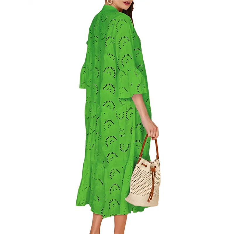 Nuevo vestido largo con bordado de ojales de encaje 2025 para mujer, vestido bohemio fluido con cuello en V y manga trompeta