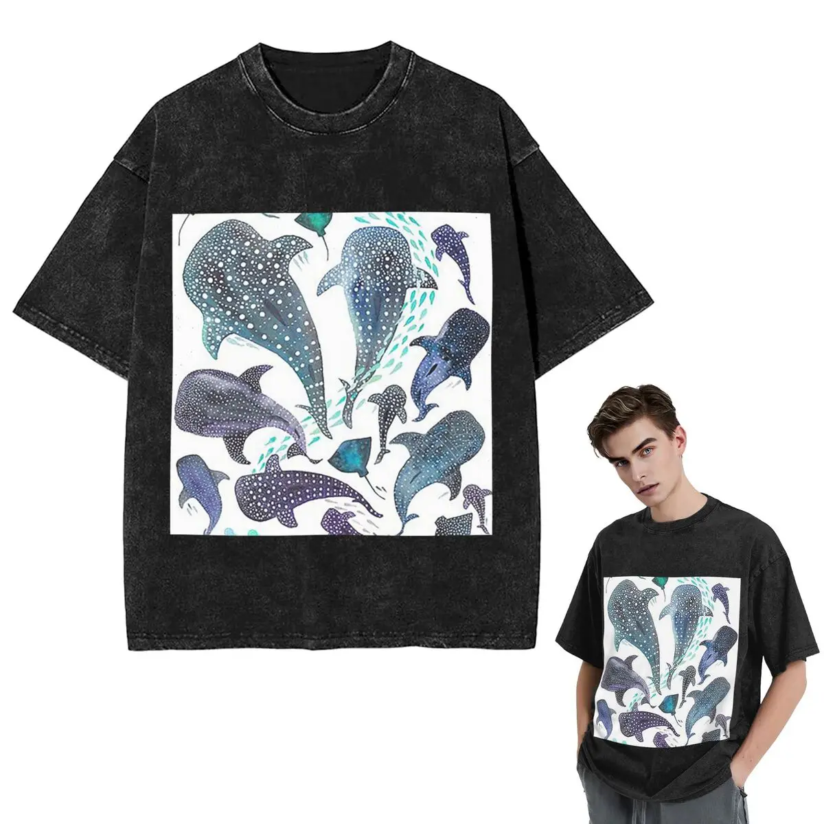 Streetwear T-Shirts Whale Shark, Ray And Sea Creature Play Washed T Shirt Short Sleeve Hip Hop T-Shirt Tops Tees for Men Women