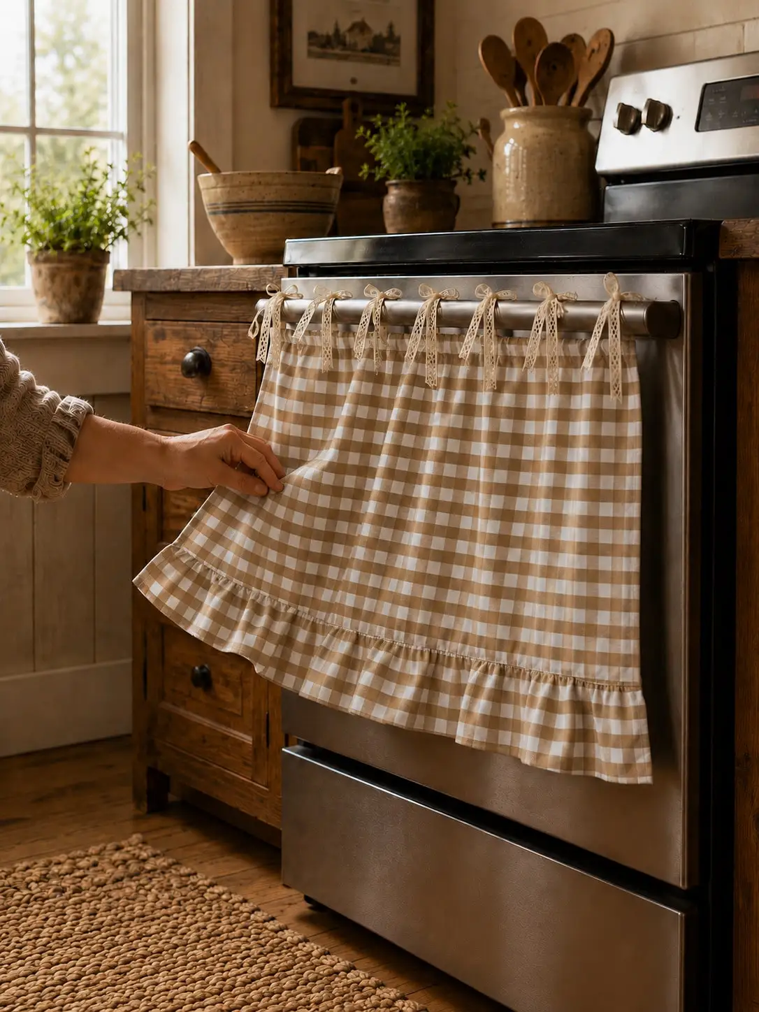 1pc Khaki & White Plaid Oven Curtain, 100% Polyester Yarn Dyed Fabric With Lace Tie Top And Ruffle Hem, Short Kitchen Tier Curtain, Oil-Resistant Decorative Cover, Suitable For Stove, Oven, Open Cabinet And Small Window (Rod Not Included)