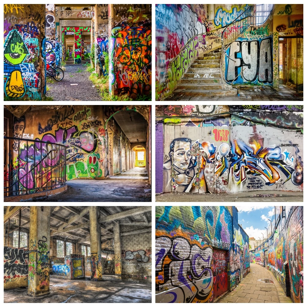 Urban Street Graffiti Wall Photography Backdrop Retro Abandon School Building Kids Adult Portrait Photo  Background Studio Props