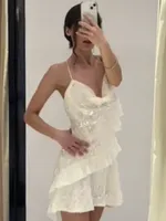 Elegant White Sequin Ruffles Patchwork Halter Mini Dress Women V Neck Layered Pleated Backless Sling Dresses Lady Sexy Partywear