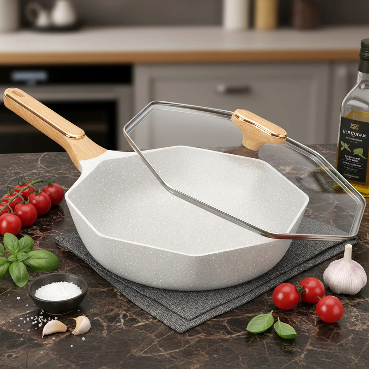 

GIYOCA Керамический восьмиугольный вок с антипригарным покрытием, 11,8/12,6 дюйма, литые индукционные воки и сковороды для жарки со стеклянной крышкой (кремово-белый)