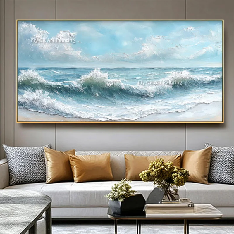 Large Artwork Blue White Ocean Wave Wall Art Hand Drawn Green White Blue Seascape Abstract Canvas Oil Painting For Home Decor