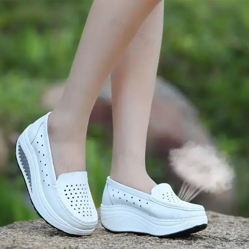 

New Nurse Shoes For Ladies Platform Bottom Leather Zapatos Casual Slope heel Anti-Slip Footwear for Adult Wholesale