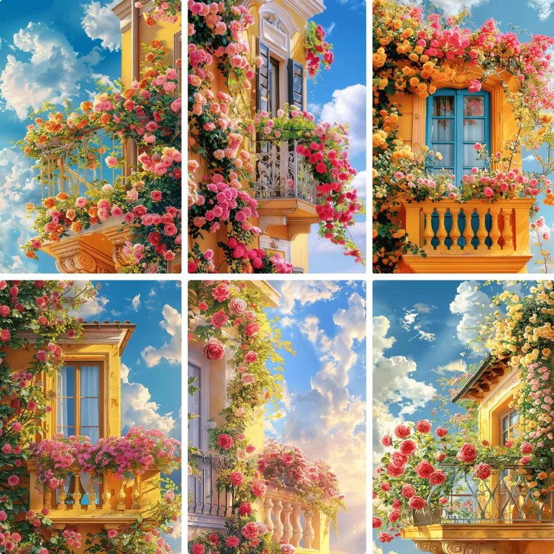 DIY Balcony Rose Diamond Painting Vintage Yellow Building Floral Blue Sky Handmade Art Exquisite Creative Gift Home Decoration