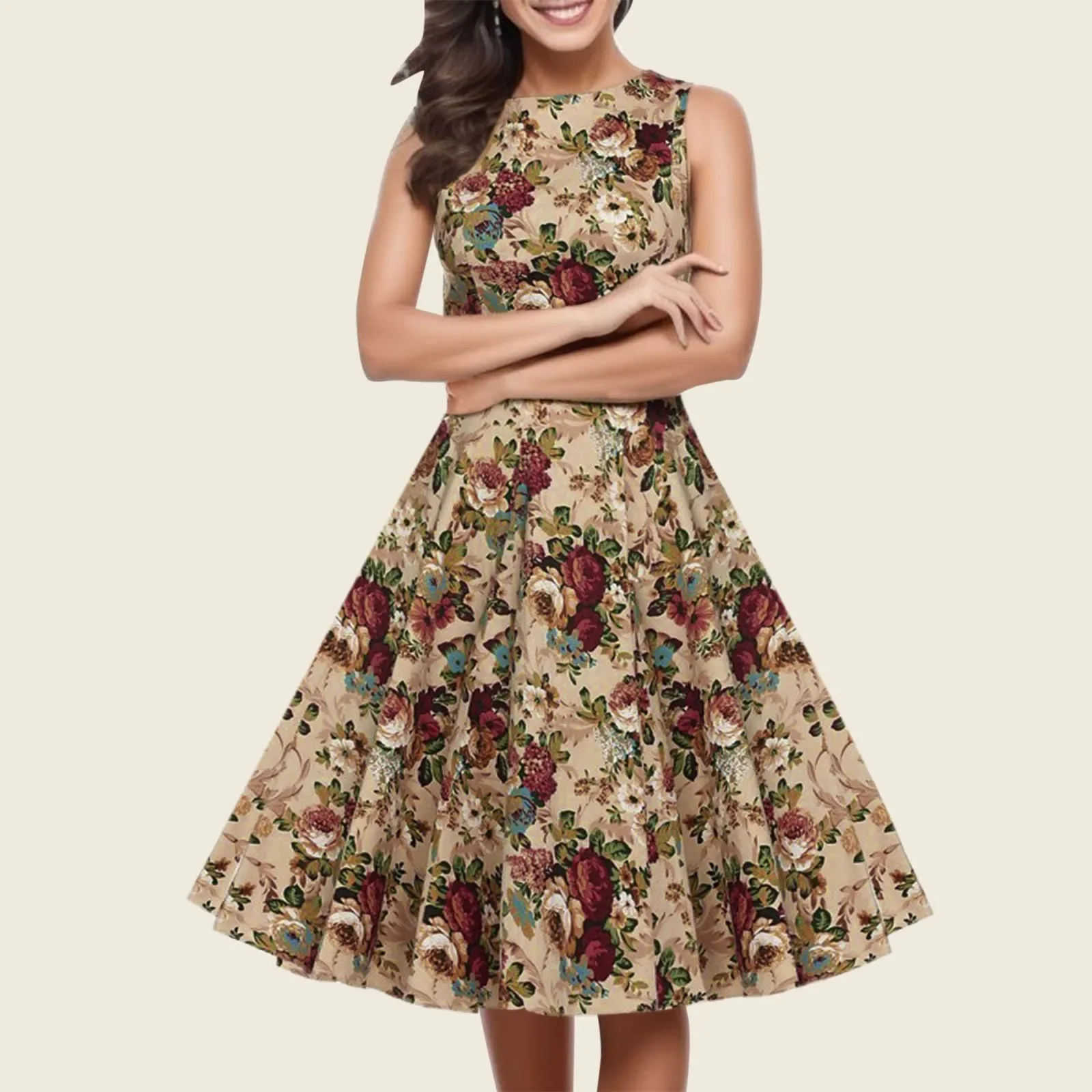 Vestido de verano Retro para mujer, ropa de fiesta Vintage sin mangas, cintura alta, estampado Floral, 2023