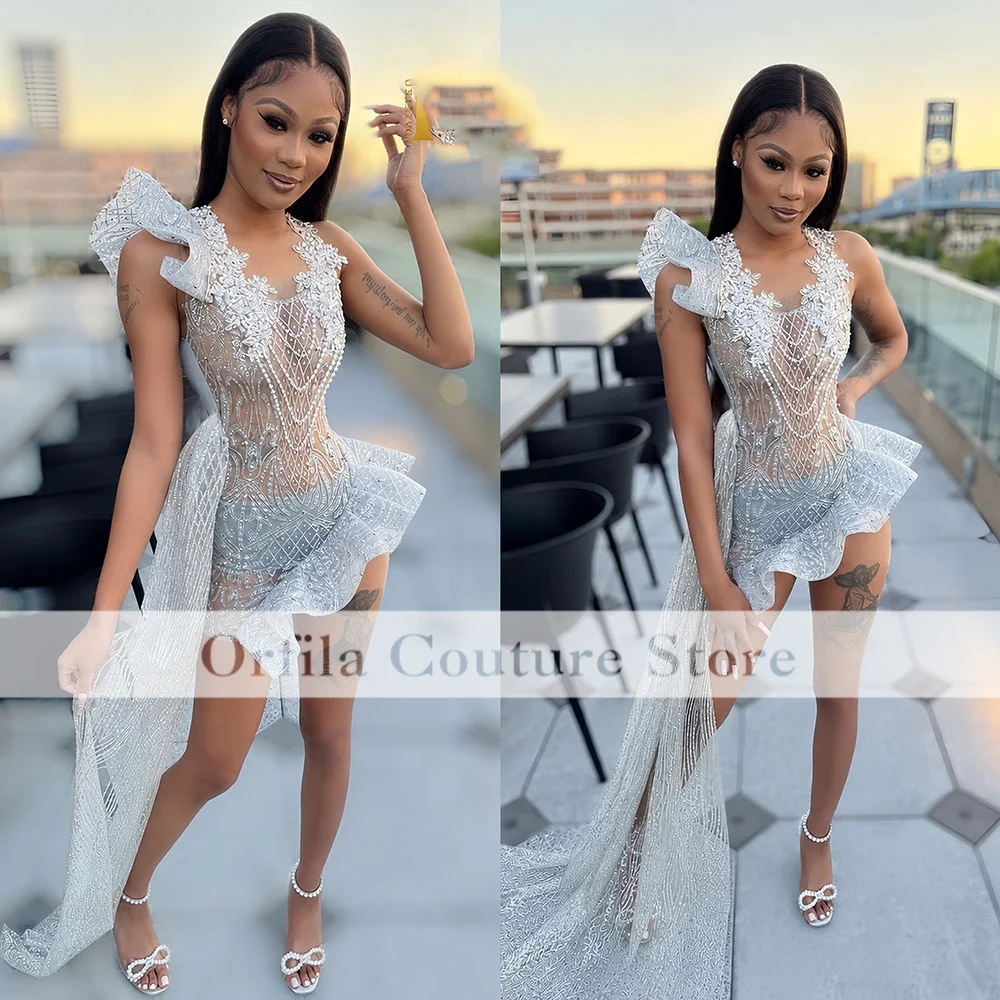 Silver Fashion Birthday Party Dresses Sparkly Diamonds African Girls Short Prom Gowns With Train Cocktail Dress Customized