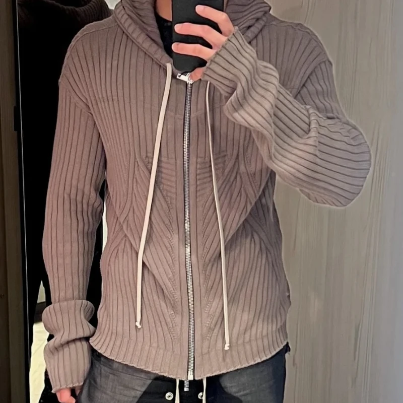 

High Street Men's Sweaters Knitting Sweatshirts Brown Solid Cardigan O-neck Hoodies Zippers Design Men's Clothing