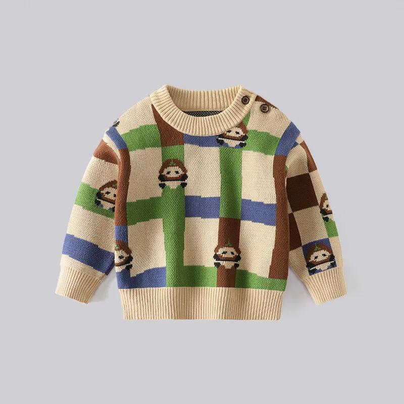 

Autumn Winter Children Boy Sweater Cotton Panda Contrast Plaid Baby Boy Pullovers Loose Warm Long Sleeve Infant Kid Boy Knitwear