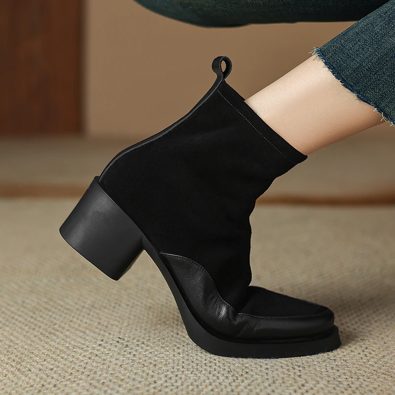 2025 New Women's Short Boots Genuine Leather Retro Chunky Heel High Heel Boots Female Large Size Pointed Toe Women Ankle Boots view 5