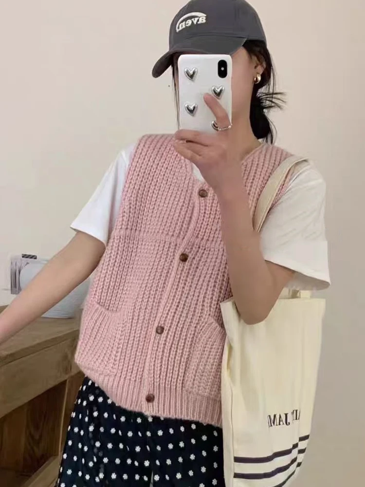 Zoki Vintage Streetwear Knitted Vest Sweaters Women V Neck Loose Casual Yellow Vest Coat Korean Casual Single Breasted Retro Top