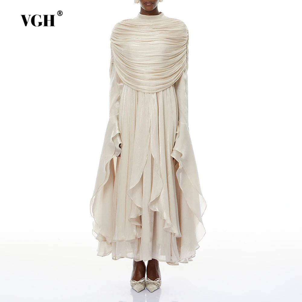 

VGH Elegant Luxurious Cream Wedding Guest Dress for Women High Neck Draped Shoulder Flowy Ruffled Hem Midi Formal Evening Gown