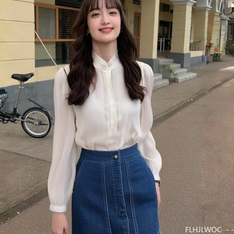 

Тонкие воздушные топы с воротником-стойкой и оборками, блузки, осень-весна, новые женские однобортные базовые рубашки с длинными рукавами для офиса и женщин на пуговицах