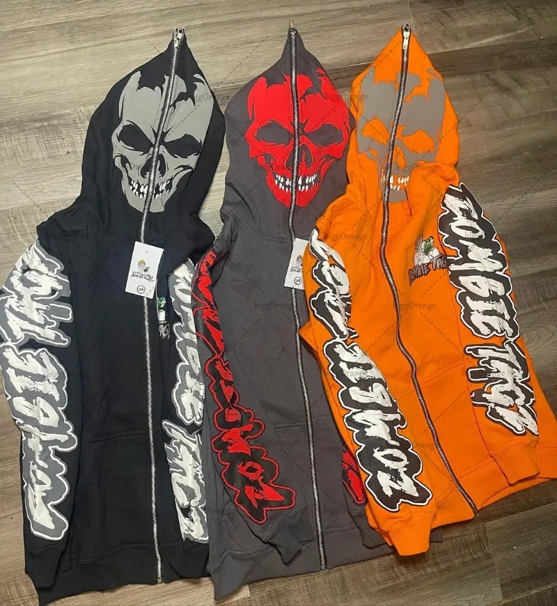 Hoodie com zíper com estampa caveira masculina, Harajuku, retrô, gótico, rock, estilo punk, moletom extragrande, hip-hop solto, streetwear americano, Y2K