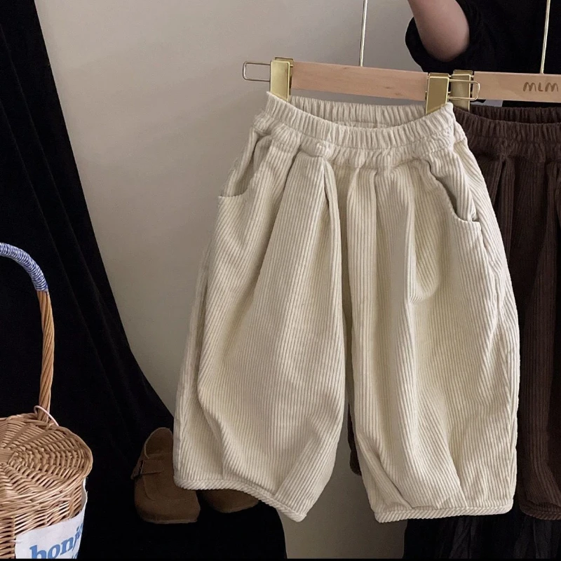 Children\'s Corduroy Fleece Padded Pants 2023 Autumn Winter Boys And Girls Korean Harun Pants Loose Casual Trousers