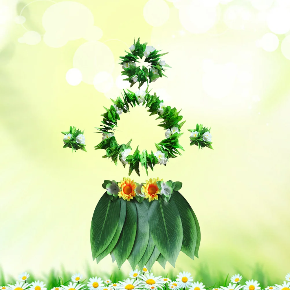 1 pezzo di gonna a foglia Hawaii set stampato con cintura regolabile ghirlanda fascia per capelli fiore a mano festa tropicale Hawaii