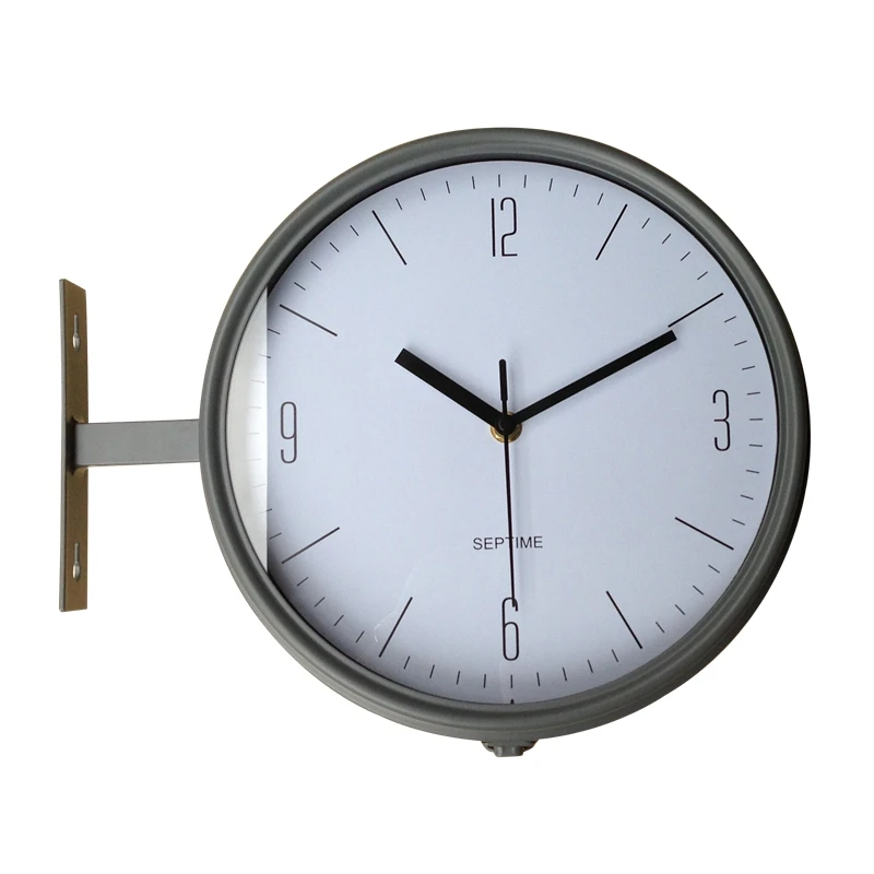 Elegant 10-Inch Gray Double-Sided Modern Fashion Metal Silent Eco-friendly Wall Clock Simple Design for Living Room Septime