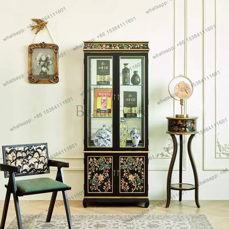 

American retro painted Chinese wine cabinet glass display cabinet solid wood