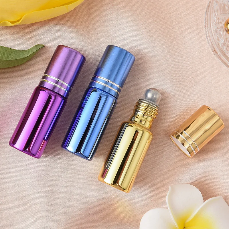 Mini Bouteille à Rouler en Verre UV Coloré, pour Huile Essentielle, Portable, en Acier, Récipient Cosmétique, 5 Pièces/Paquet