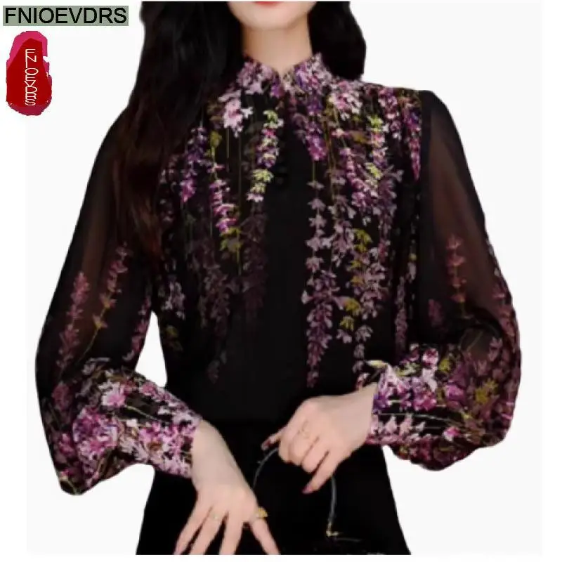 

Retro Vintage Flower Print Tops New Design 2025 Women Long Sleeve Stand Collar Fashion French Style Purple Basic Shirts Blouses