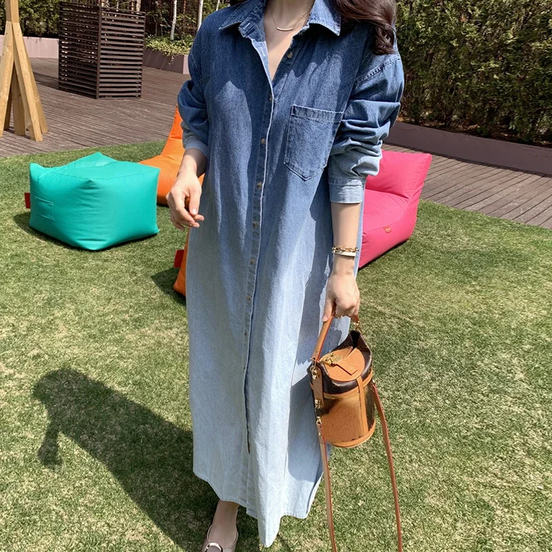 Imagem -03 - Japão Harajuku Chic Button up Long Denim Dress Mulheres Outono Inverno Moda Casual Streetwear Lady Jean Vestidos Baratos Atacado