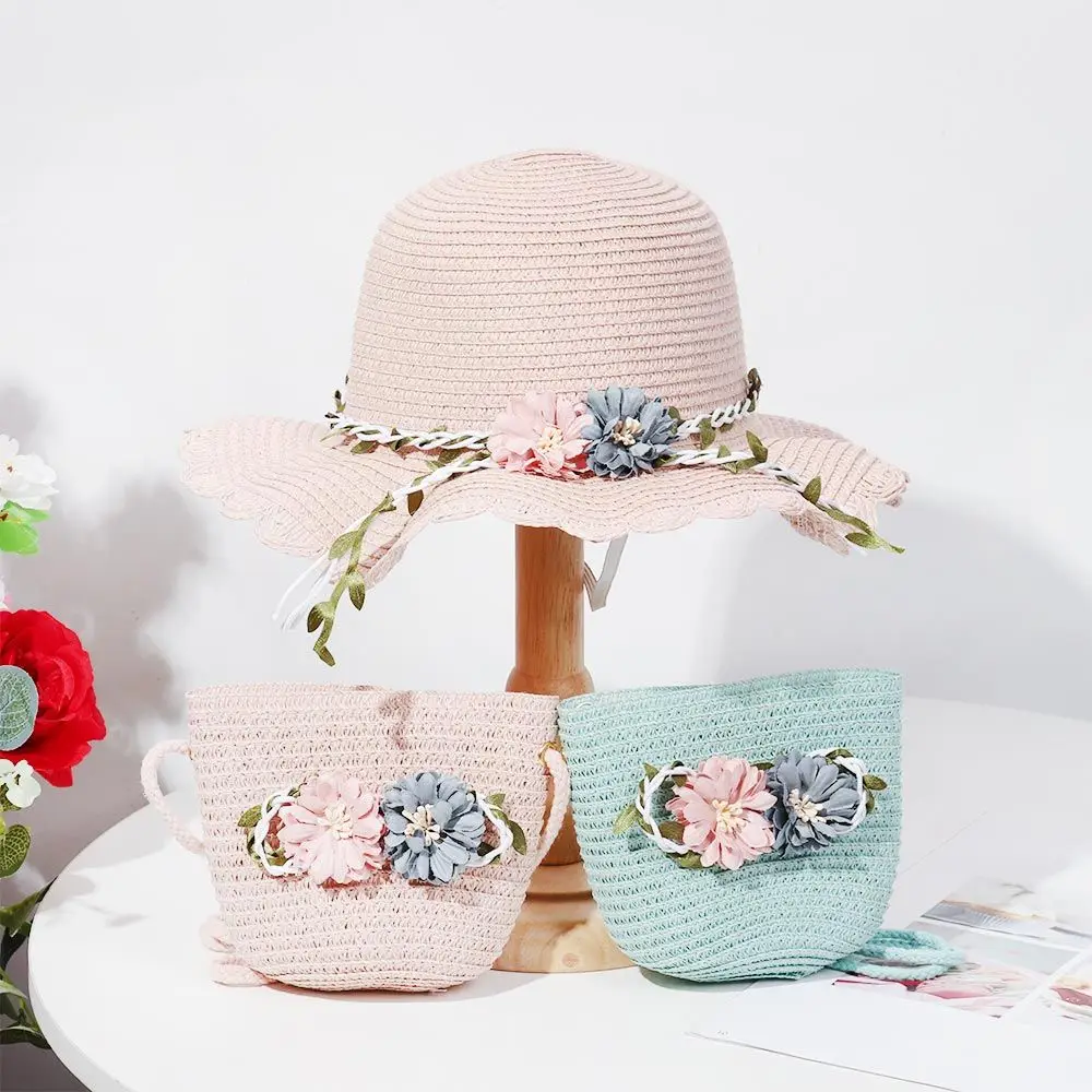 1 Pcs Summer Hats Girls Flower Wide Brim Hat Casual Toddler Baby Straw Hat with Shoulder Bag Sun Beach Travel Sunshade Caps