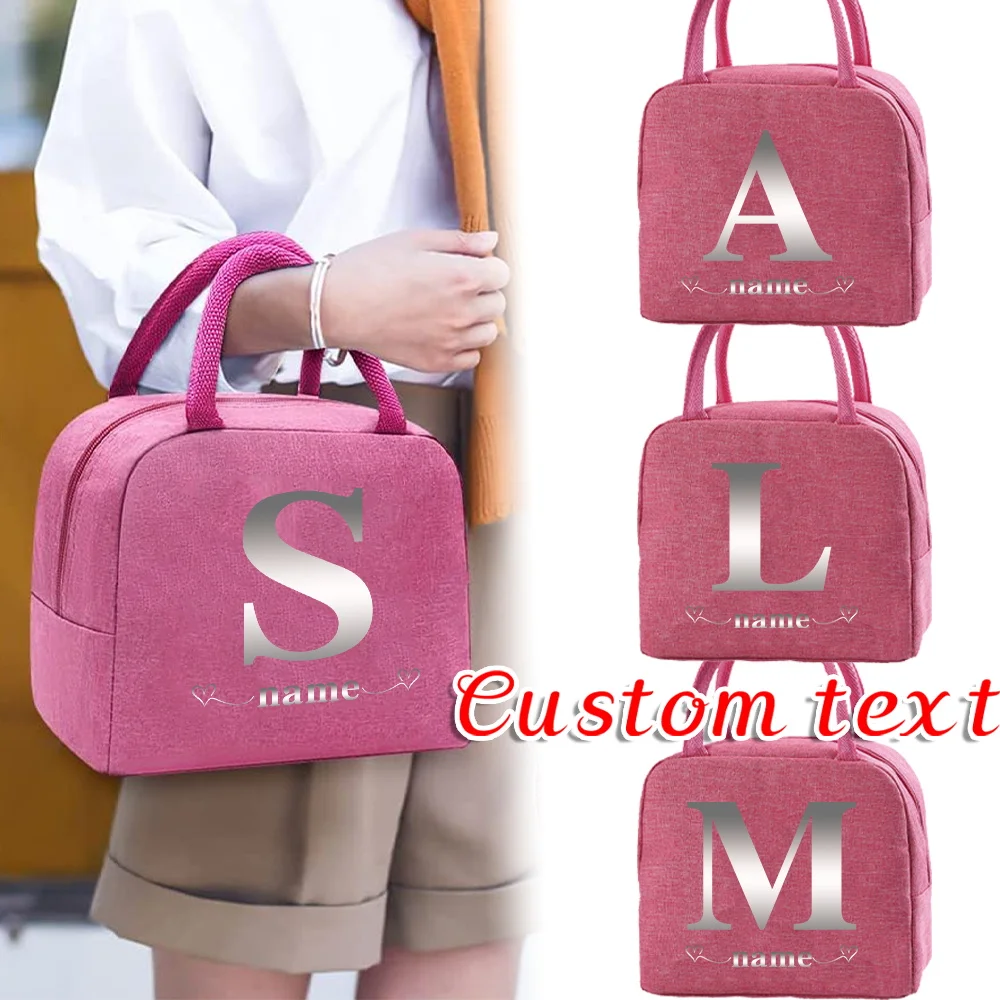 

Customizable Name Insulated Canvas Lunch Bag Insulated Food Refrigerator Lunch Box Bag Letter Pattern Series