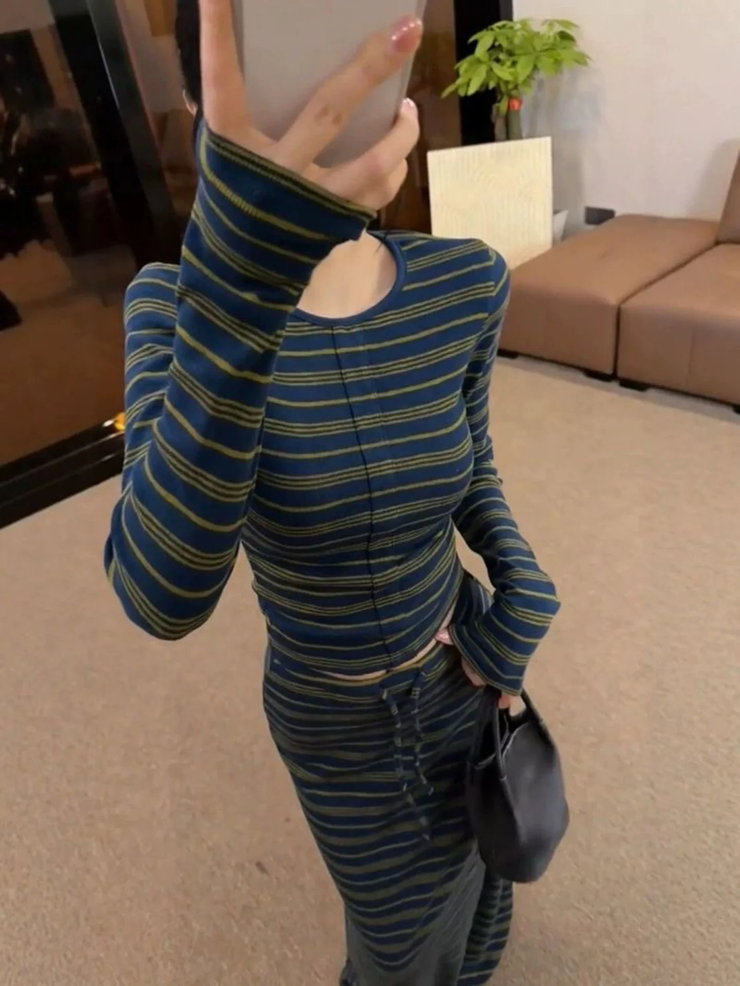 Korean Style High Waist Slim Fit Striped Design Long Sleeve Versatile  Skirt Women's Fashion Autumn New Two Piece Set