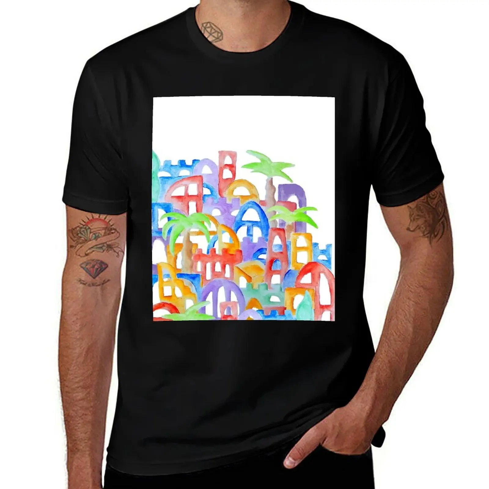 Colorful Oriental Watercolor City Cinque Terre Aquarelle Drawing T-Shirt Comfortable Work Wear Tee T-Shirt