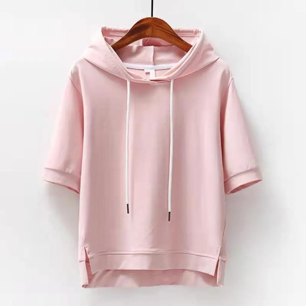 Korean Style Women's Short Sleeve Hooded T-Shirt Loose Solid Color Spring Summer Half Sleeve Split Design Top