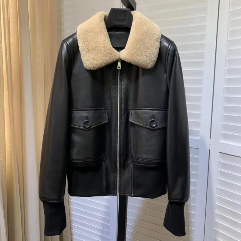 Natural Real Sheepskin Coat Spring Women Thick Warm 2023 New Arrival Short Length Sheep Fur Collar Casual Style