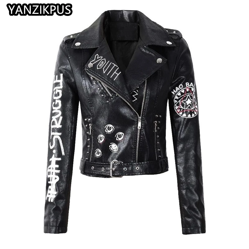 Women\'s PU Rivet Zipper Jacket, Shoulder Badge, Motorcycle Punk Rock Leather Coat, High Quality, Autumn Purchase