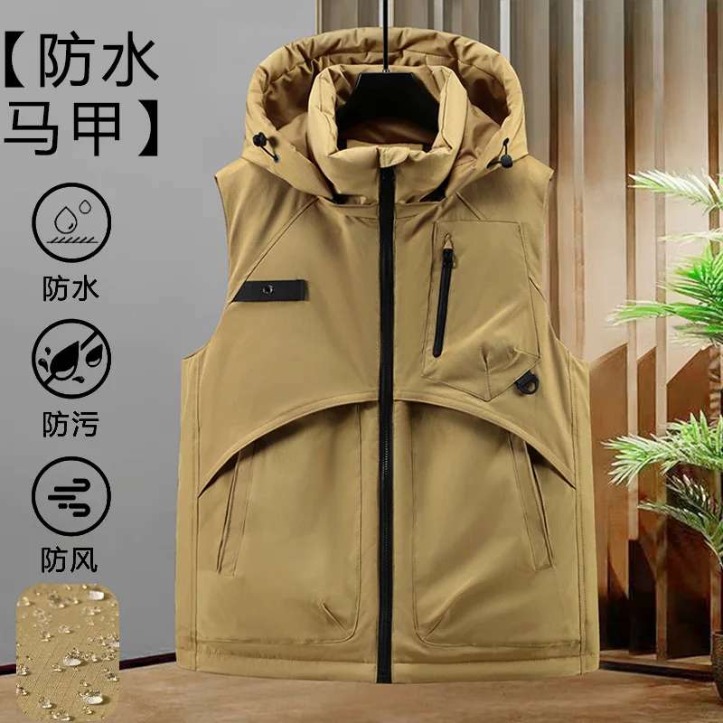 

2025 мужские однотонные простые базовые повседневные модные стеганые жилеты с карманами и капюшоном, мужская осенне-зимняя новая модная одежда, пальто, топы