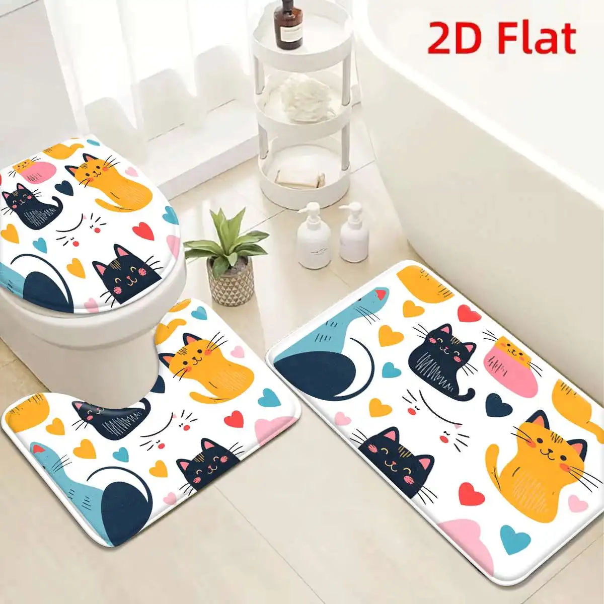 

3Pcs White Cat Hearts Bath Mat Non Slip Absorbent Toilet Rug with Lid Cover for Bathroom Washable Flannel Base