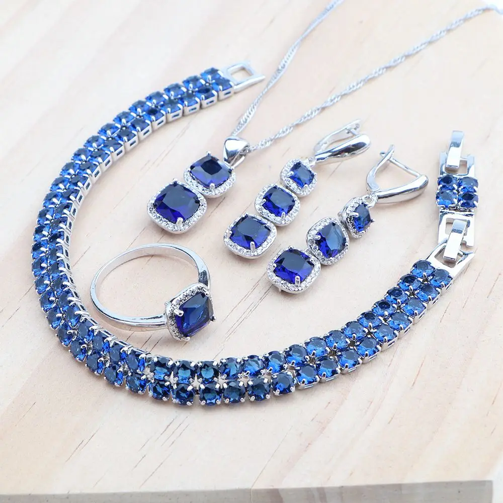 925 Silver Jewelry Sets For Women Bridal Earrings Blue Zircon Wedding Necklace Pendant Stones Bracelets Set