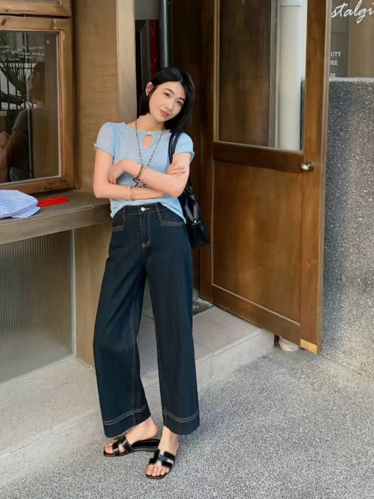 

Korean Sle High Quali Embroidered Denim Pants Straight Leg Wide Leg High Waist Cotton Stretch Spring Autumn Women