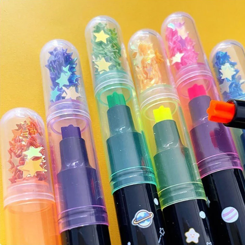 6Pcs/set Cute Star Stamp Highlighter Color Art Marker DIY Hand Account Pen Office Stationery Student School Drawing Supplies