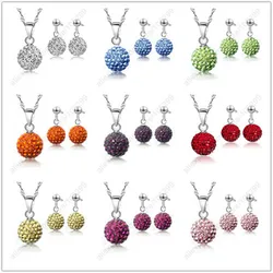 Austrian Pave Disco Ball Stud 925 Sterling Silver Earring Pendant Necklace Austria Crystal Woman Jewelry Sets   Gift