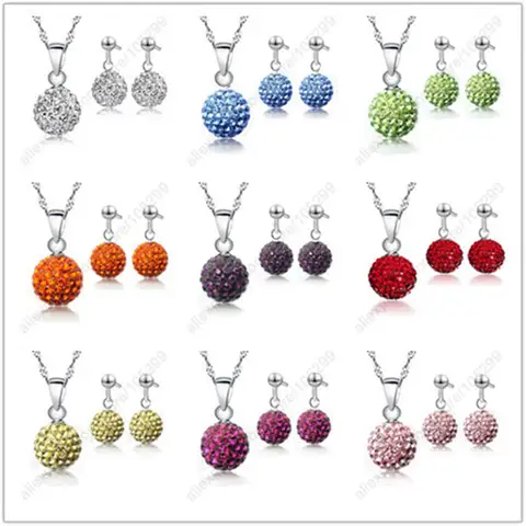 Austrian Pave Disco Ball Stud 925 Sterling Silver Earring Pendant Necklace Austria Crystal Woman Jewelry Sets   Gift