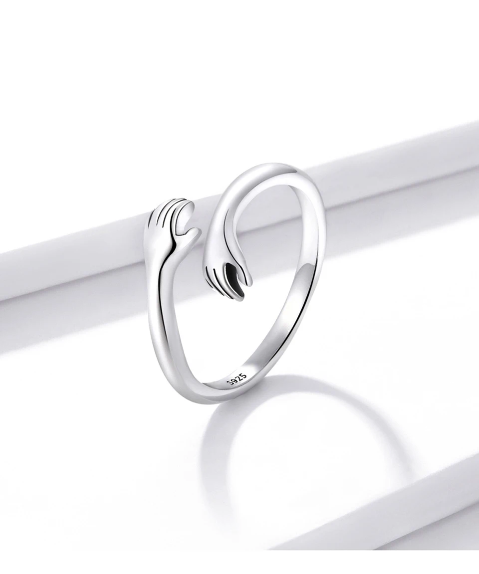 BAMOER 925 Sterling Silver Hug Open Ring Warm Love Hand Adjustable Glossy Ring for Women, His Big Loving Family Party Gift