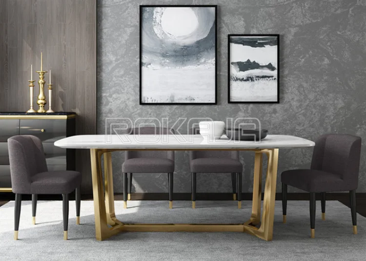 Simple Luxury Golden Stainless Steel Marble Top Dining Table Modern Creative Dinning Table For 6 Seater People