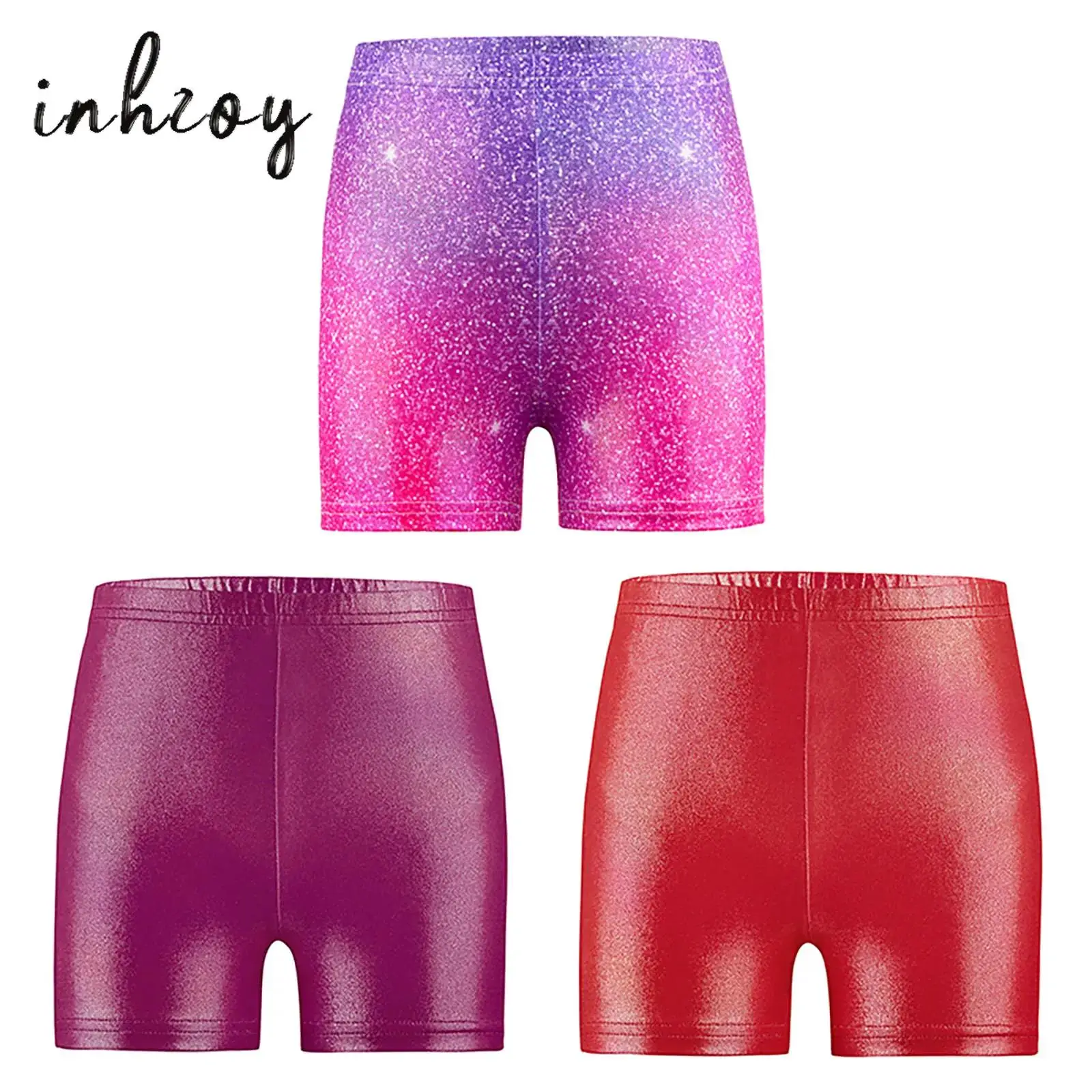 

3Pcs Kids Girls Dance Shorts Metallic Printed Elastic Waist Shorts Figure Skating Gymnastics Dance Training Performance Costume