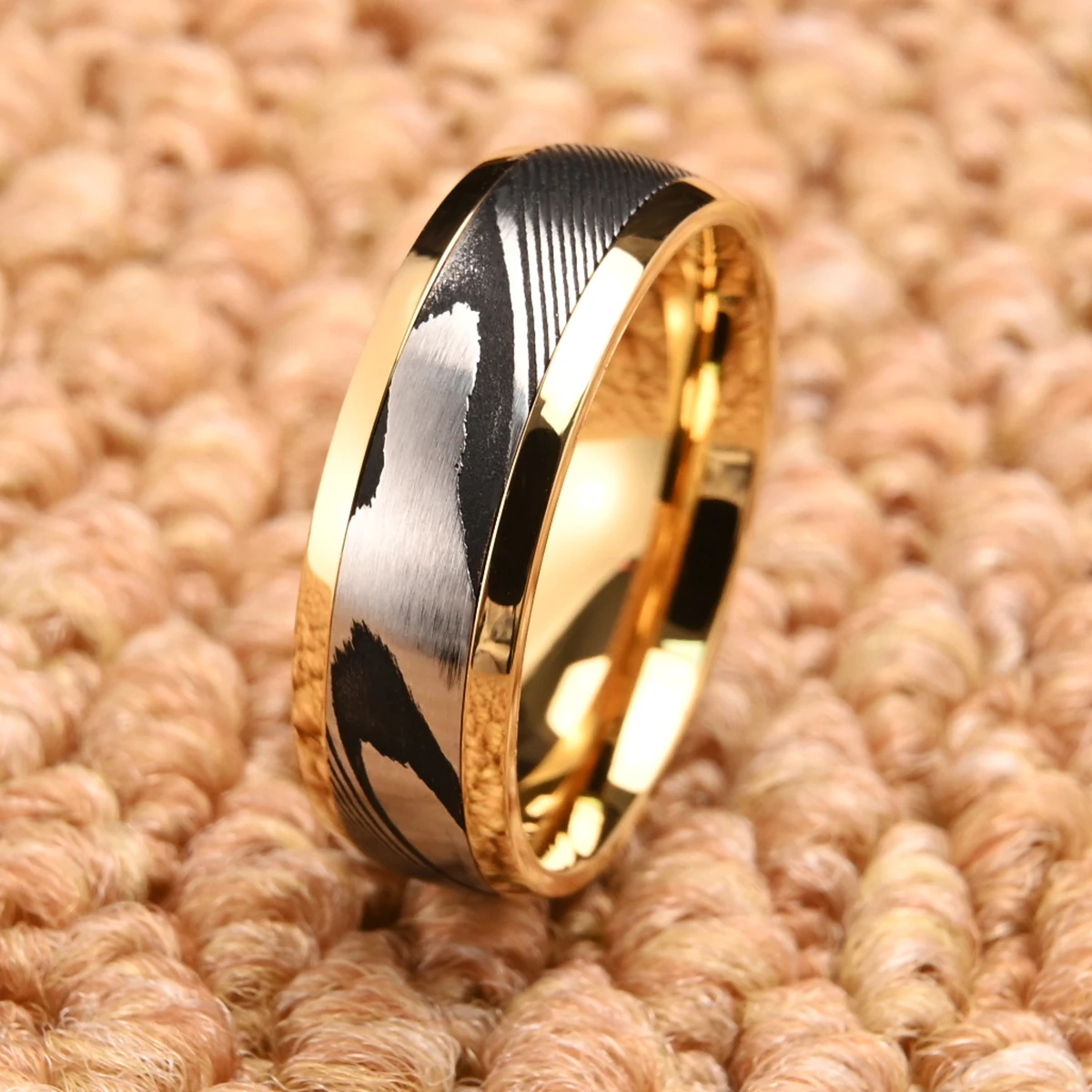 8MM Goldfarbener Damaszener Stahlring für Herren, Modeschmuck, Herren-Eheringe, Verlobungsringe, Versprechensringe, edle Geschenke, bequemer Sitz – Detail 8