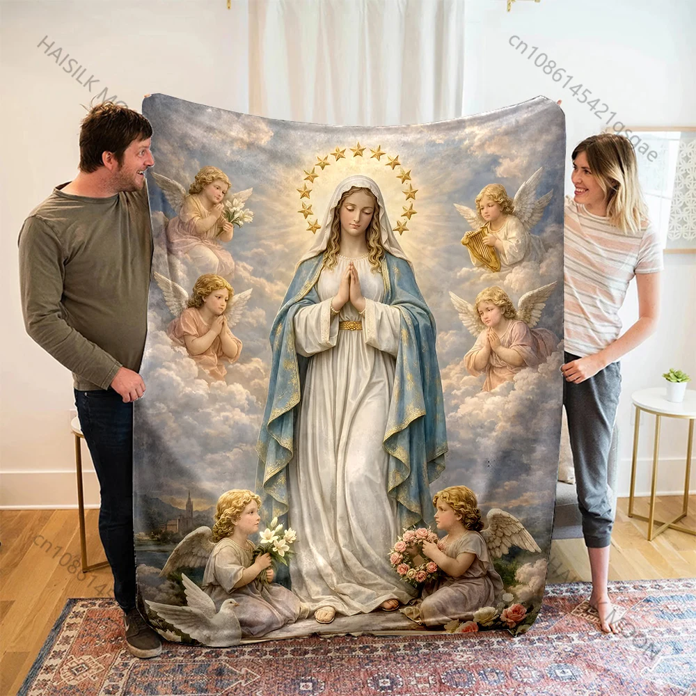 1PC Virgin Mary and surrounding angels Print Blanket Warm Soft Fluffy Kids and Adult Sofa Bed Throw Blanket Travel Camping RV