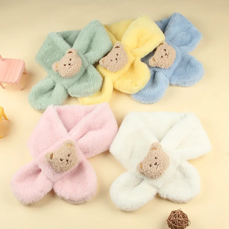 Winter Warm Plush Baby Scarf Cute Caroon Bears Boy Girl Scarves Newborn Toddler Faux Fur Children Cross Neckerchief  Baby Shawls