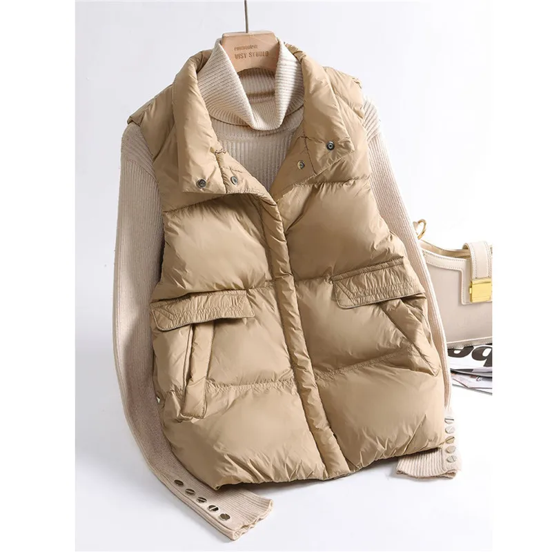 

Warm Down Waistcoat Jacket Autumn Winter Women Light Thin White Duck Down Vest Ladies Short Stand Collar Sleeveless Tank Coat