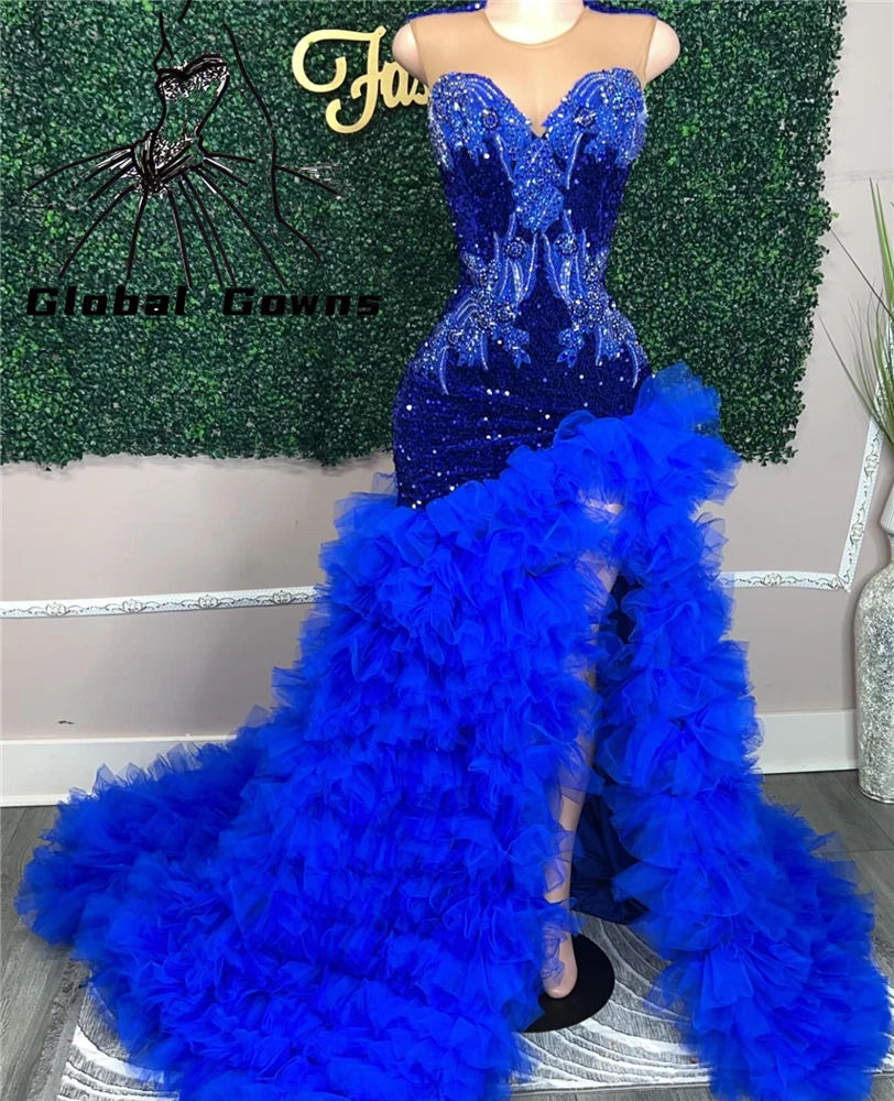Royal Blue O N Long Prom Gowns Black Girl Applique Birthday Party Dresses Ruffles Evening Dress High Slit Robe De Bal Customized