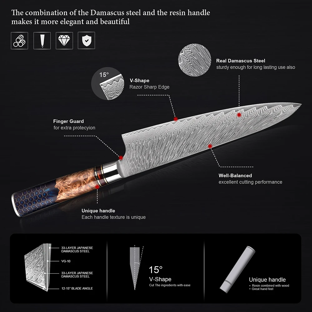 XITUO 1-9 Piece Kitchen Knives Set Damascus Steel Chef Knife Sharp Cut Vegetables Sliced Meat Bread Blue Resin Honeycomb Handle